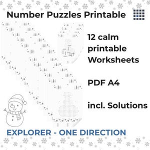 Könnte beinhalten: Weißes, druckbares Arbeitsblatt mit Zahlenrätseln, mit einer Schneemann-Illustration und dem Text "Number Puzzles Printable". Enthält 12 ruhige, druckbare Arbeitsblätter, PDF A4-Format, mit Lösungen. Der Text "EXPLORER - ONE DIRECTION" ist ebenfalls vorhanden.