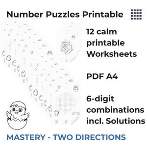 Pode incluir: Uma pilha de folhas de trabalho imprimíveis de quebra-cabeças de números com uma ilustração de um pintinho saindo de um ovo. O texto diz "Number Puzzles Printable", "12 calm printable Worksheets", "PDF A4" e "6-digit combinations incl. Solutions".