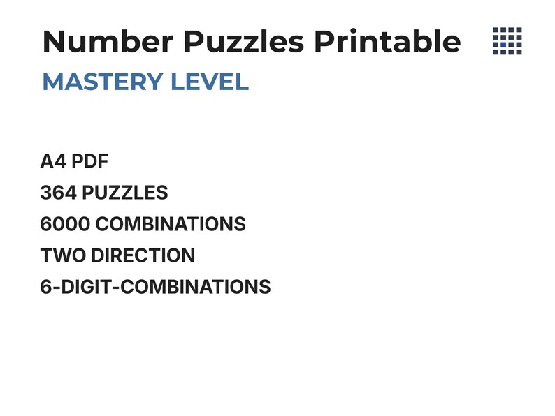 Challenging printable number puzzles for focused thinking and advanced reasoning. Mastery Level worksheets with longer number combinations and changing direction increase cognitive demand while maintaining a clear and predictable task structure for repeated long-term use.
