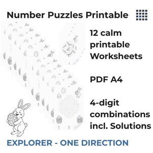 Può includere: Una pila di fogli di lavoro stampabili bianchi con illustrazioni a tema pasquale, tra cui uova e coniglietti. Il testo recita "Number Puzzles Printable", "12 calm printable Worksheets", "PDF A4" e "4-digit combinations incl. Solutions."