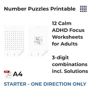 Könnte beinhalten: Druckbare Zahlenrätsel für Erwachsene, konzipiert für den Fokus bei ADHS. Enthält 12 ruhige Arbeitsblätter mit 3-stelligen Kombinationen und Lösungen. Das A4-PDF zeigt Zahlengitter und ein Rätsel. Text: "Number Puzzles Printable".