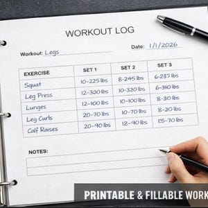 Puede incluir: Un registro de entrenamiento imprimible con el título "WORKOUT LOG" y el texto "PRINTABLE & FILLABLE WORKOUT LOG". El registro detalla ejercicios como sentadillas y prensa de piernas, con rangos de peso en libras. Un bolígrafo se sostiene sobre el registro.