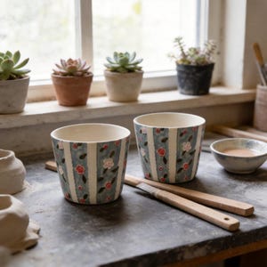 May include: Two ceramic flower pots with a blue and white striped pattern and floral accents. The pots are sitting on a dark surface with other small pots and gardening tools in the background. Succulents are in the background.