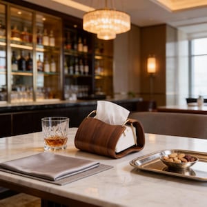 May include: A wooden tissue box with gold-coloured handles and a stack of white tissues sits on a marble table. A glass of amber liquid, a folded grey napkin, and a small silver tray with nuts are also on the table.
