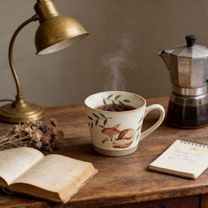 Peut inclure: Une tasse en céramique avec un motif de renard endormi et des accents de feuilles vertes, remplie d'un liquide sombre fumant. La tasse est posée sur une table en bois, à côté d'une lampe vintage, d'une cafetière italienne, d'un livre ouvert et d'un bloc-notes.
