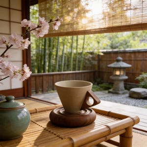 Peut inclure: Une tasse à thé en céramique beige avec une poignée en bois et un dessous de verre en bois repose sur une table en bambou. Un pot en céramique verte et une branche de fleurs de cerisier roses sont également présents. Le fond montre un jardin japonais.