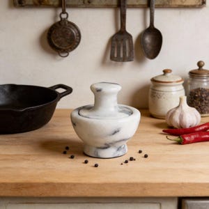 Personlig marmorerad keramisk mortel och stöt - vitlök/kryddkvarn med svamphuvud, pillerkross, gravyrköksverktyg