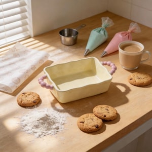 以下が含まれることがあります： ピンクのビーズの取っ手が付いた、明るい黄色の長方形のベーキング皿が木製の表面に置かれています。チョコレートチップクッキー、小麦粉、計量カップ、絞り袋が並んでいます。コーヒーカップとクッキングシートもあり、ベーキングをテーマにしています。