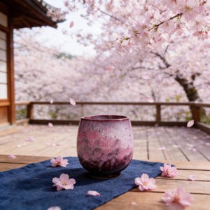 Puede incluir: Una taza de té de cerámica granate y rosa se encuentra sobre una tela azul, con flores de cerezo esparcidas. La taza tiene un diseño texturizado único. El fondo presenta un edificio japonés tradicional y un cerezo en plena floración.