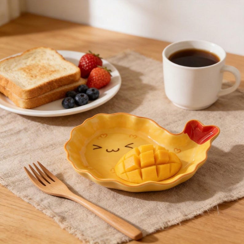 May include: A yellow ceramic plate shaped like a fish, with a mango and a cute face design. The plate is on a beige placemat, with a wooden fork, a plate of fruit, and a cup of coffee.