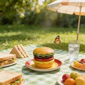 Può includere: Una scena da picnic con un contenitore a forma di hamburger in ceramica, con panino giallo, lattuga verde, pomodoro rosso e base gialla, su un piatto rosso e giallo. Sono presenti anche panini e piatti di frutta, insieme a una farfalla.