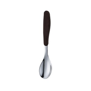 May include: A stainless steel spoon with a dark brown wooden handle. The spoon has a rounded bowl and a polished, reflective surface. The handle is curved and appears to be made of a dark wood. The spoon is designed for serving.