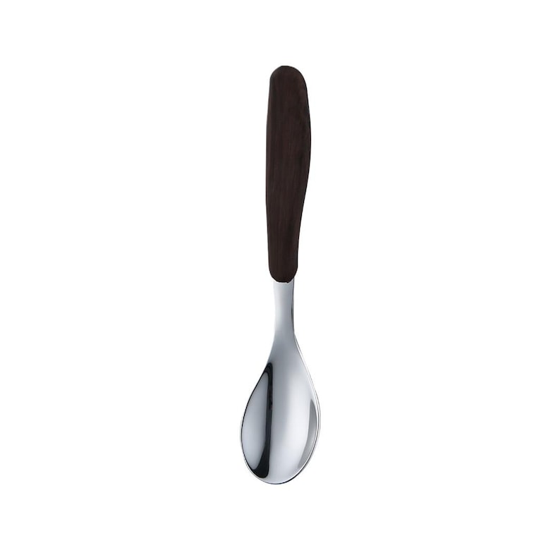 May include: A stainless steel spoon with a dark brown wooden handle. The spoon has a rounded bowl and a polished, reflective surface. The handle is curved and appears to be made of a dark wood. The spoon is designed for serving.