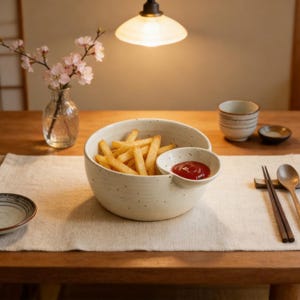 以下が含まれることがあります： 金色のフライドポテトが入ったセラミックボウルと、ケチャップの小さな皿。ボウルはベージュのプレースマットの上にあり、小さな皿、箸、スプーンが近くにあります。ピンクの花の入った花瓶とティーカップもテーブルにあります。