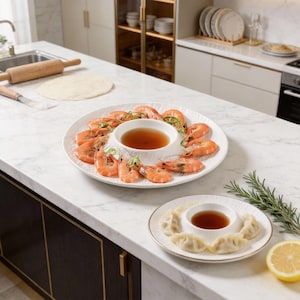 Personalized Luxury Ceramic Shrimp Plate with Built-In Vinegar Dish - 2-in-1 Dumpling Serving Platter, Engraving, Elegant Home Tableware