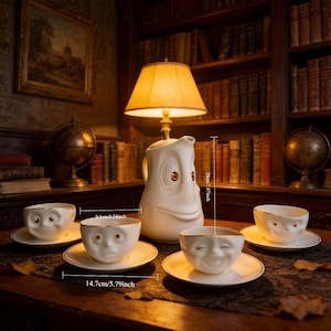 Personalisierte 3D Emoji Keramik Tee Set individuell gravierte lustige Gesicht Teekanne 4 Tassen mit Untertassen Geschenkbox, wunderliche Ausdrücke Set zum Verschenken