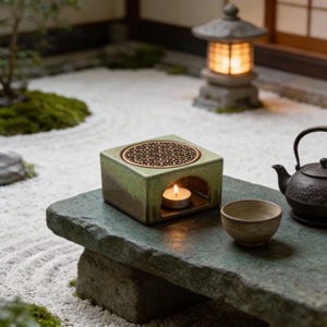 May include: A green ceramic oil warmer with a bronze-coloured, patterned top and a lit tea light inside. A small ceramic bowl and a dark metal teapot sit nearby on a stone surface. The background features a Japanese garden with a stone lantern.