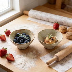 May include: Two small, off-white ceramic bowls, one filled with blueberries and the other with a baked item. Strawberries and baked goods are scattered around the bowls on a wooden surface dusted with flour. A rolling pin and patterned paper are also present.