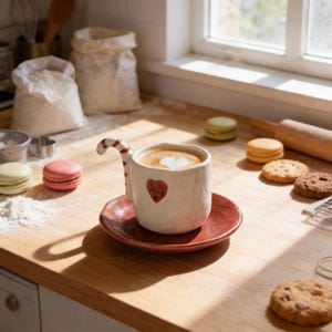 May include: A white ceramic mug with a red heart design, filled with coffee and a heart-shaped foam design, sits on a red saucer. The mug has a candy cane-striped handle. Biscuits and macarons are scattered on the wooden surface.