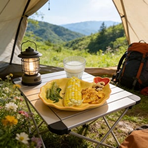 May include: A camping scene with a lit lantern, a small folding table, and a plate of food. The plate holds corn on the cob, green vegetables, nuts, and chips. A glass of milk sits nearby. A backpack and tent are in the background.
