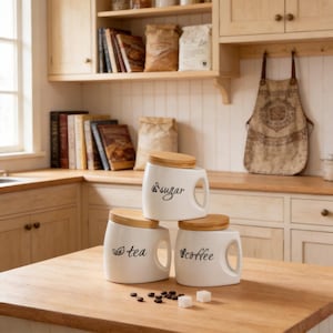 May include: Three white ceramic kitchen canisters with wooden lids labelled "sugar", "tea", and "coffee". The canisters have a handle on the side and are arranged on a wooden countertop. Coffee beans and sugar cubes are scattered on the counter.