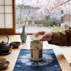 Puede incluir: Una taza de té de cerámica con tapa floral se está abriendo. La taza tiene un cuerpo beige con detalles de cuero marrón. Una tetera negra y cuencos pequeños están sobre una mesa de madera con un paño azul. Flores de cerezo en el fondo.