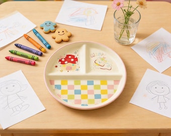 Personalized Cute Ceramic Divided Plate - Custom Engraved Kids' Cartoon Mushroom & Puppy Compartment Dish, Colorful Checkered Meal Plate