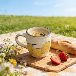 Könnte beinhalten: Eine Keramiktasse mit Zitronenmuster, gefüllt mit einem Getränk und garniert mit einer Zitronenscheibe. Die Tasse steht auf einem Holzbrett mit Erdbeeren und einem Baguette. Die Szene spielt im Freien an einem sonnigen Tag.