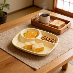 May include: A light yellow divided plate with sections for food. It holds orange slices, pretzels, and two rectangular food items. A wooden tray with toast and a mug of coffee sits in the background.