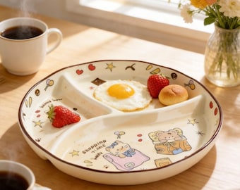Personalized Cartoon 3-Compartment Ceramic Plate - Single-Serve Weight Loss Portion Control Breakfast Divided Dish Bottom Engraving