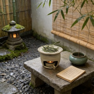 May include: A serene outdoor scene featuring a stone lantern with a lit candle, a small ceramic incense burner, and a small green ceramic pot. A small stone table holds the burner with dried leaves and a book. Bamboo and greenery surround the scene.
