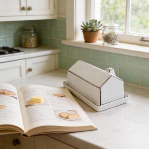Peut inclure: Un beurrier en céramique blanche en forme de maison avec un plateau assorti. Le plat a une bordure marron foncé et est posé sur un comptoir de cuisine à côté d'un livre de cuisine ouvert.