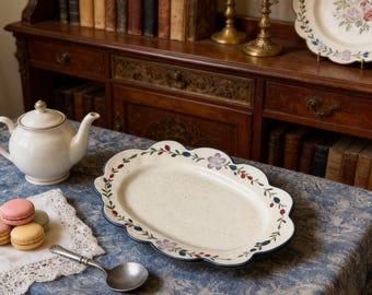 Personnalized French Vintage Floral Ceramic Plate - Custom Engraved Scalloped Edge Dessert, Cake & Salad Plate with Blue Rim