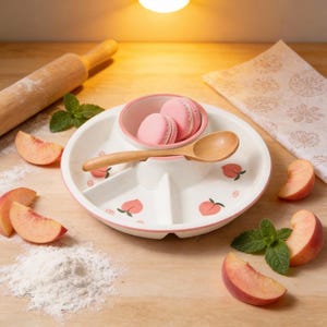 May include: A white divided plate with a pink rim and peach illustrations, holding a small pink bowl with two pink macarons, and a wooden spoon. Slices of peaches, mint sprigs, and a rolling pin are arranged around the plate.