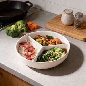 May include: A divided white bowl filled with a meal of rice, sausage, chicken, and vegetables. Broccoli florets and diced carrots sit nearby. A cast iron skillet, wooden cutting board, and spice containers are in the background.