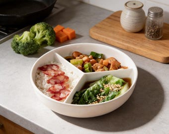 Personnalized 3-Compartment White Ceramic Divided Plate - Custom Engraved Microwave-Safe Portion Control Plate for One-Person Meal Prep