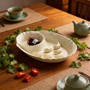May include: A cream-colored ceramic serving dish with a divided design, holding dumplings and a small bottle. The dish is on a wooden table, with a small teapot and a cup of tea in the background. Red chili peppers and cilantro are also visible.