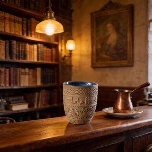 Op de afbeelding: Een beige keramische mok met een blauw interieur en ingewikkelde gesneden patronen. De mok staat op een houten oppervlak, naast een koperen koffiepot. De achtergrond toont een boekenkast en een schilderij.