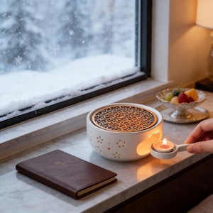 Puede incluir: Un difusor de aceites esenciales de cerámica blanca con un patrón floral y una tapa de metal dorado. Se coloca una vela de té encendida en el interior. Un cuaderno de cuero marrón está cerca.