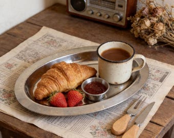 Personnalized Retro Metal Oval Tray - Custom Engraved Stainless Steel Breakfast Dessert Serving Platter