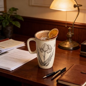 Peut inclure: Une tasse en céramique crème avec un motif floral noir et blanc, remplie d'une boisson et garnie d'une tranche d'orange. La tasse est posée sur un bureau en bois à côté de stylos et d'un carnet, sous une lampe.