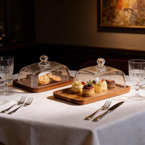 May include: Two glass cloche cake domes with wooden bases, each containing pastries, sit on a white tablecloth. One dome holds cookies, the other holds mini cakes topped with fruit. Silverware and water glasses are arranged around the domes.