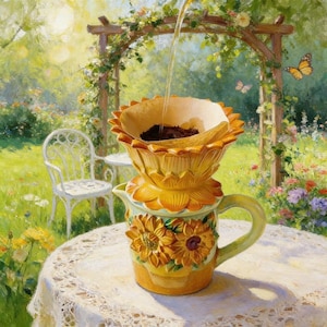 May include: A yellow ceramic coffee pour-over set with a sunflower design. The set includes a filter holder, a carafe, and a paper filter with coffee grounds. The scene is set outdoors on a table with a lace tablecloth.