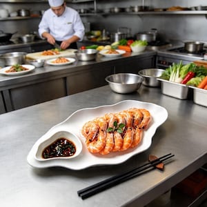 May include: A white, leaf-shaped serving platter with a portion of cooked shrimp and a small bowl of dipping sauce. Black chopsticks rest on the stainless steel counter. A chef is preparing food in the background.