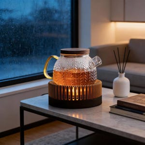 Puede incluir: Una tetera de vidrio con tapa de madera y asa dorada se asienta sobre una base de madera y metal. La tetera está llena de té y está iluminada por una luz cálida. El conjunto está sobre una mesa de mármol.