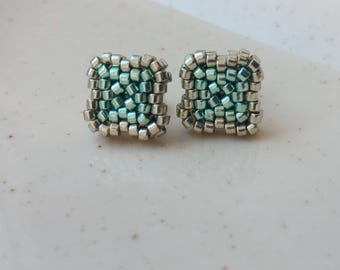 Beaded Clover Earrings, Green Miyuki Delica Small Stud Earrings