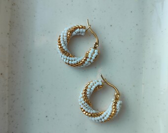 White huggie hoops, Small beaded hoop earrings, seed bead minimalist earrings