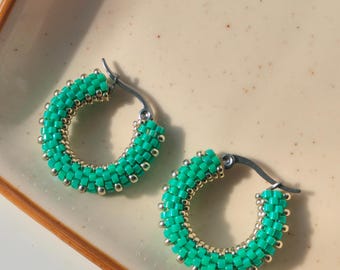 Turquoise Beaded Hoops Earrings, Small Huggie Earrings