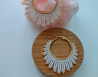 Big Hoop Earrings, White and Gold Beaded Boho Statement Seed Bead Earrings
