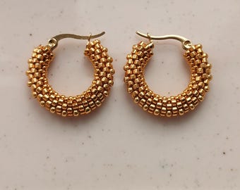 Miyuki Beaded Gold Hoop Earrings, Small Huggie Style, Stainless Steel Hoops